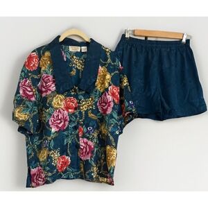 Vintage Victoria's Secret Gold Label 2 PC Short Sleeve Satin Floral Pajamas MED